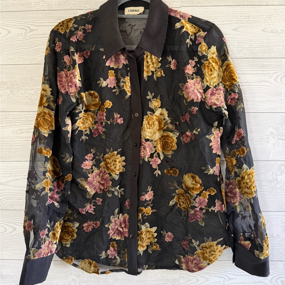 L'AGENCE Black Sheer Floral Button-Down Blouse - Pink & Gold-Size S